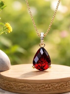 Natural Garnet and Diamond Pendant 14k Yellow Gold ( No Chain )